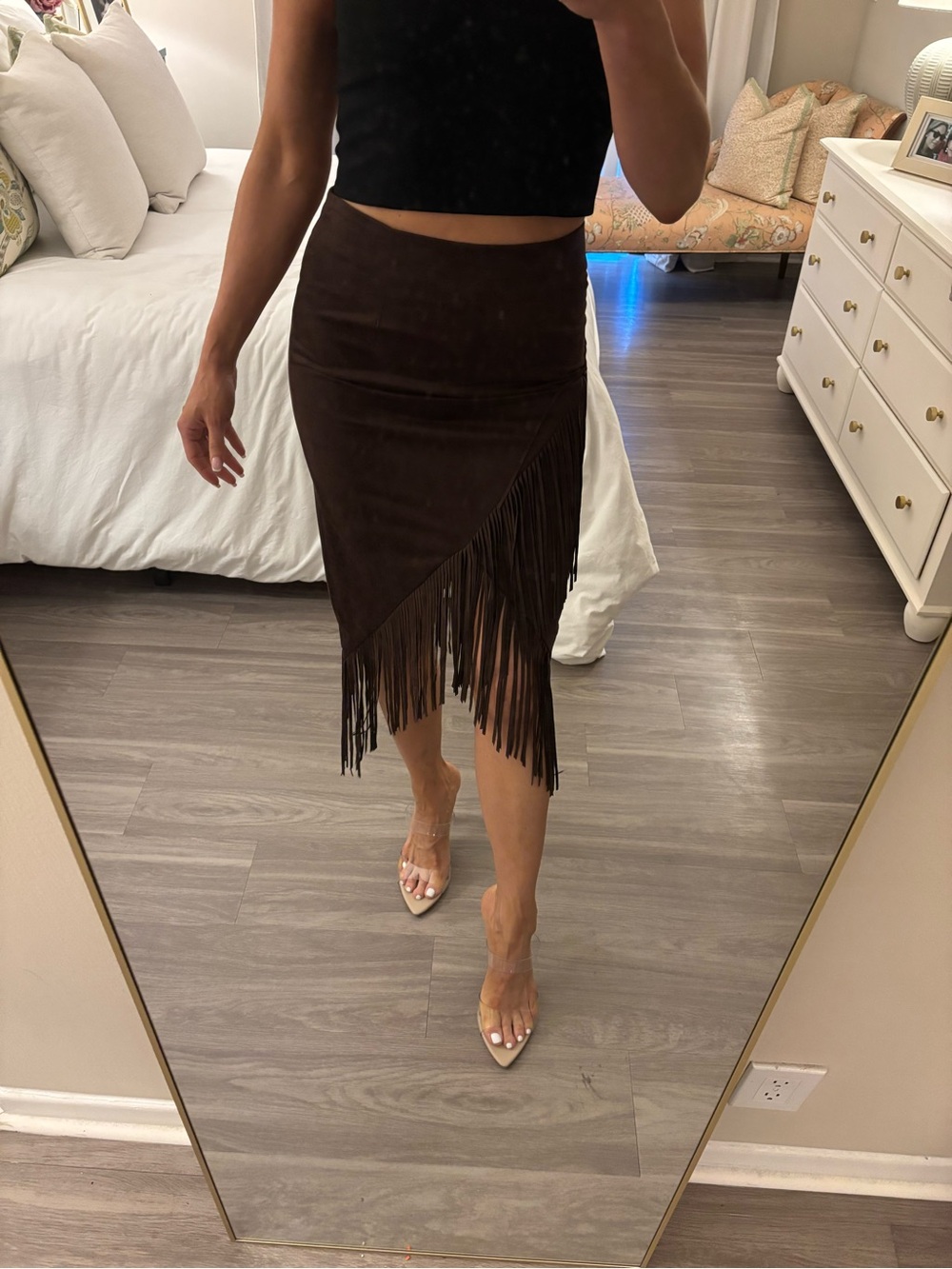 Olivaceous Brown Faux Suede Fringe Asymmetrical Skirt 🤎